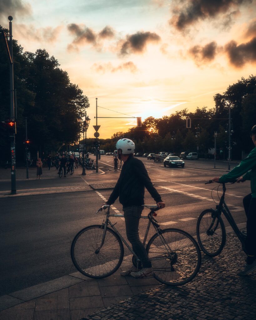 Golden evening boy with bicycle