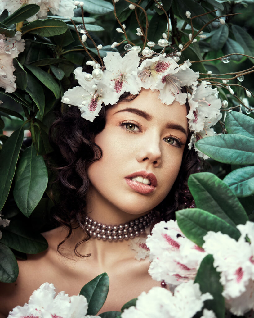 girl with white flowers on head